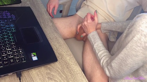 Girlfriend catches me masturbating - she lends a hand to make me cum